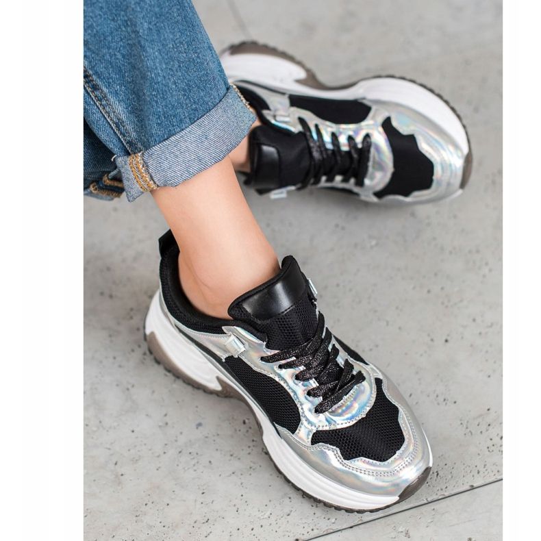 SHELOVET Tênis da moda com efeito holo preto prata 1