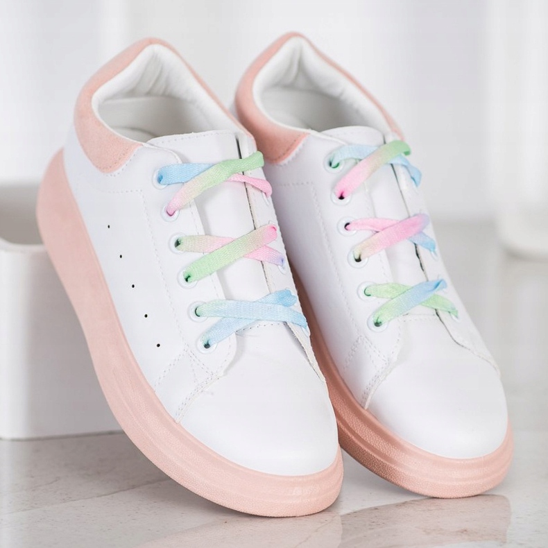 SHELOVET Tênis com atacadores coloridos branco rosa 1 SHELOVET Tênis com atacadores coloridos branco rosa 1