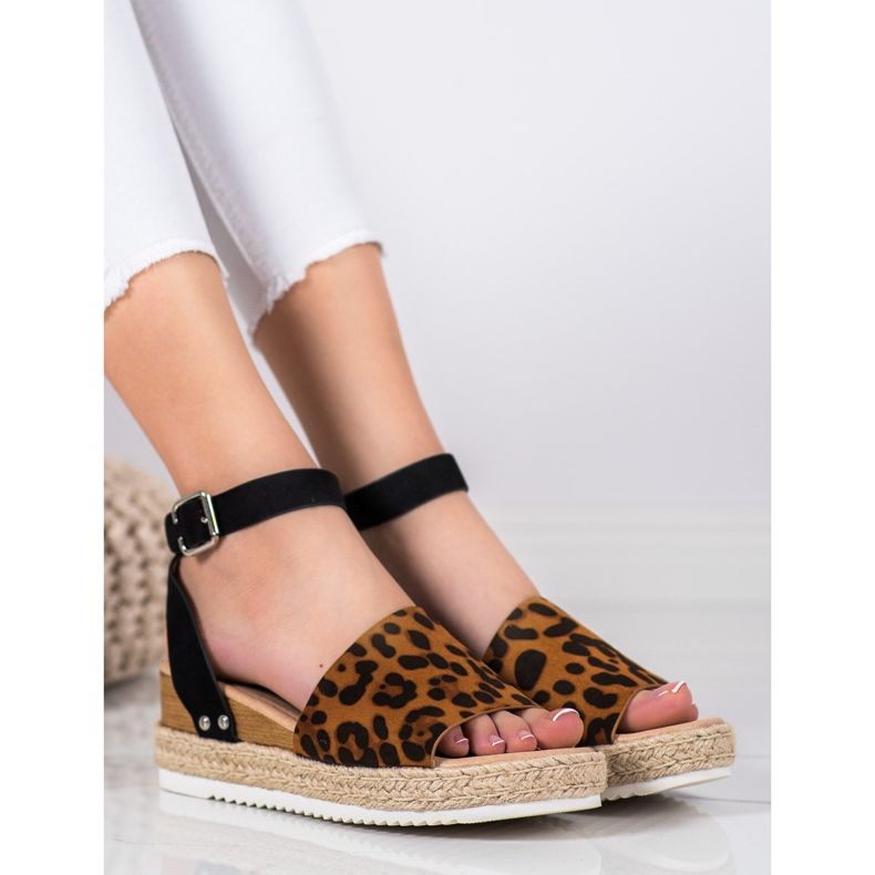 Kylie Sandálias de cunha com estampa de leopardo marrom preto 1