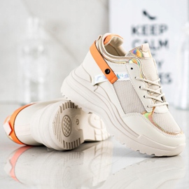 Marquiz Tênis de cunha bege laranja dourado 2