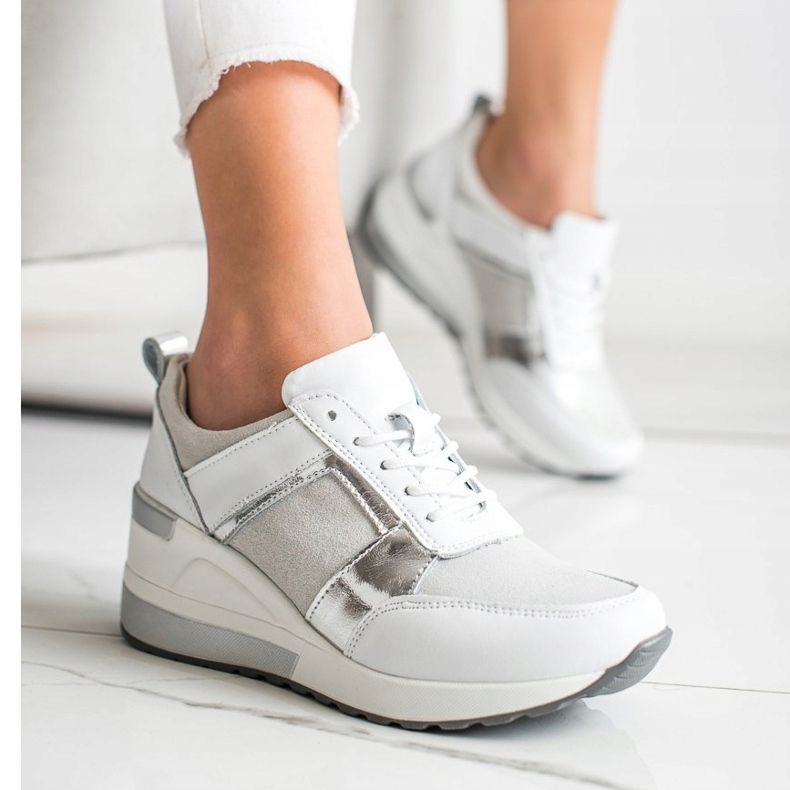 Tênis de couro com brilho VINCEZA branco prata 2