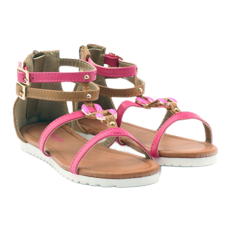 American Club Sapatos infantis de sandálias gladiadoras com zíper rosa americano castanho branco 4