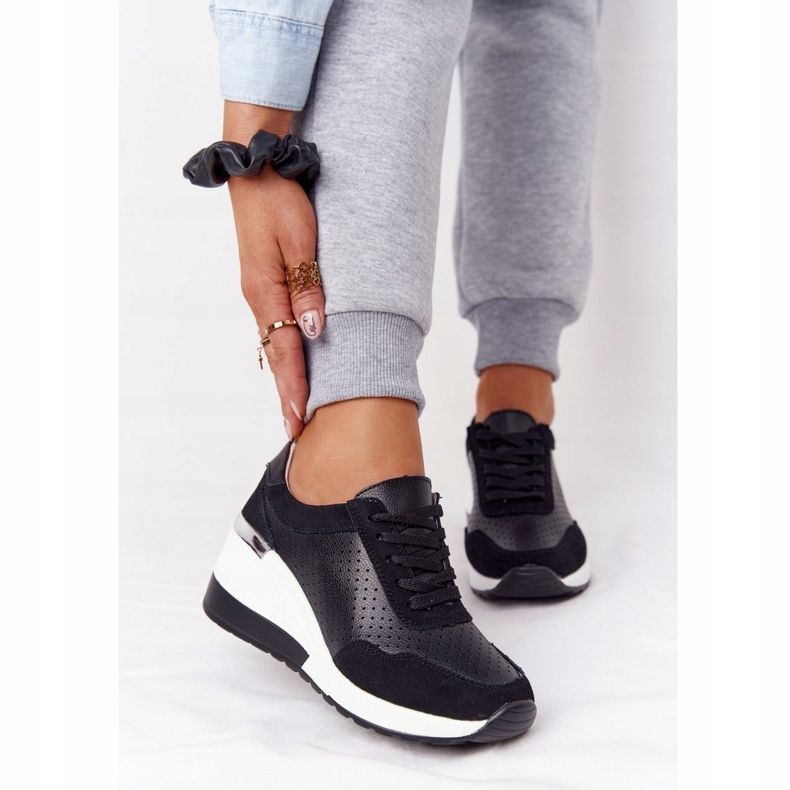 S.Barski Tênis de couro perfurado em cunha S. Bararski preto branco 1