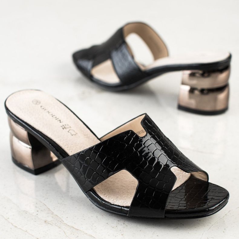 Goodin Chinelos Pretos Com Salto Decorativo 1