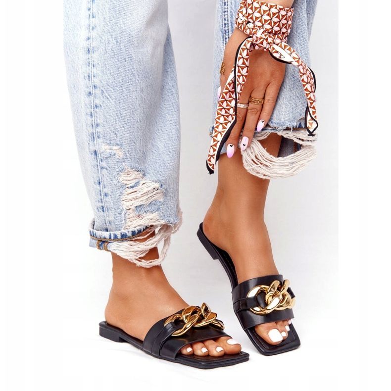 Chinelos de couro com corrente Black French Kiss preto dourado 2