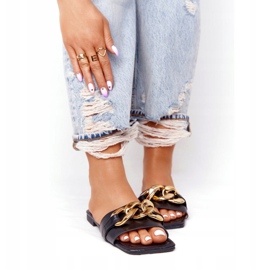 Chinelos de couro com corrente Black French Kiss preto dourado 3