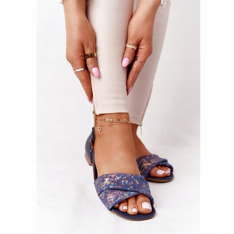 Sandálias de Couro Com Flores Maciejka 04614-43 Azul Marinho azul-marinho dourado 1