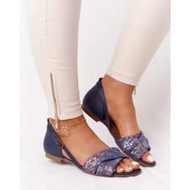 Sandálias de Couro Com Flores Maciejka 04614-43 Azul Marinho dourado 2