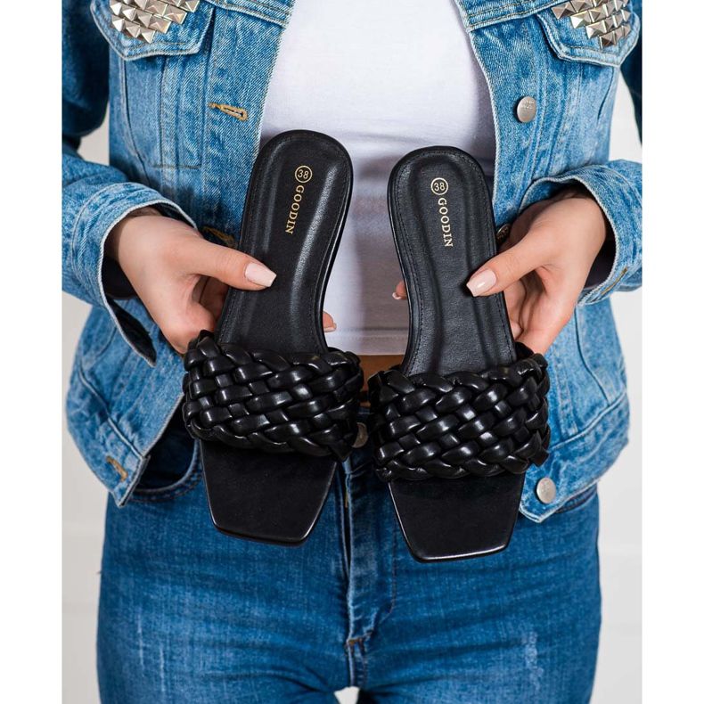 Goodin Chinelos de couro ecológico trançado preto 2