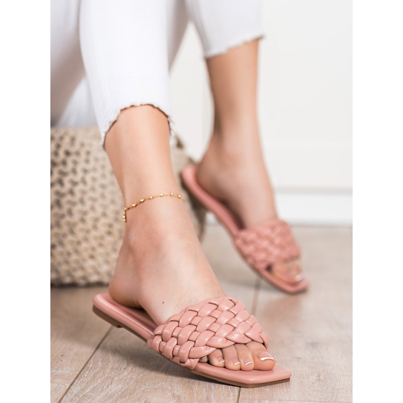 Goodin Chinelos de couro ecológico trançado rosa 1