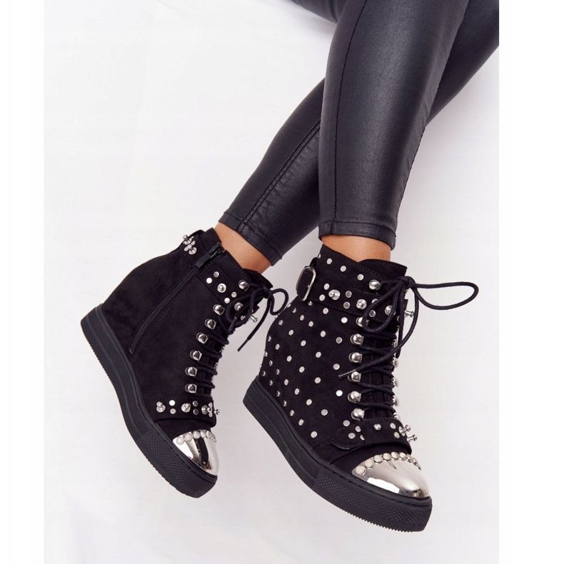 LU BOO Botas de camurça preta Lu preto Boo em cunha com strass 1