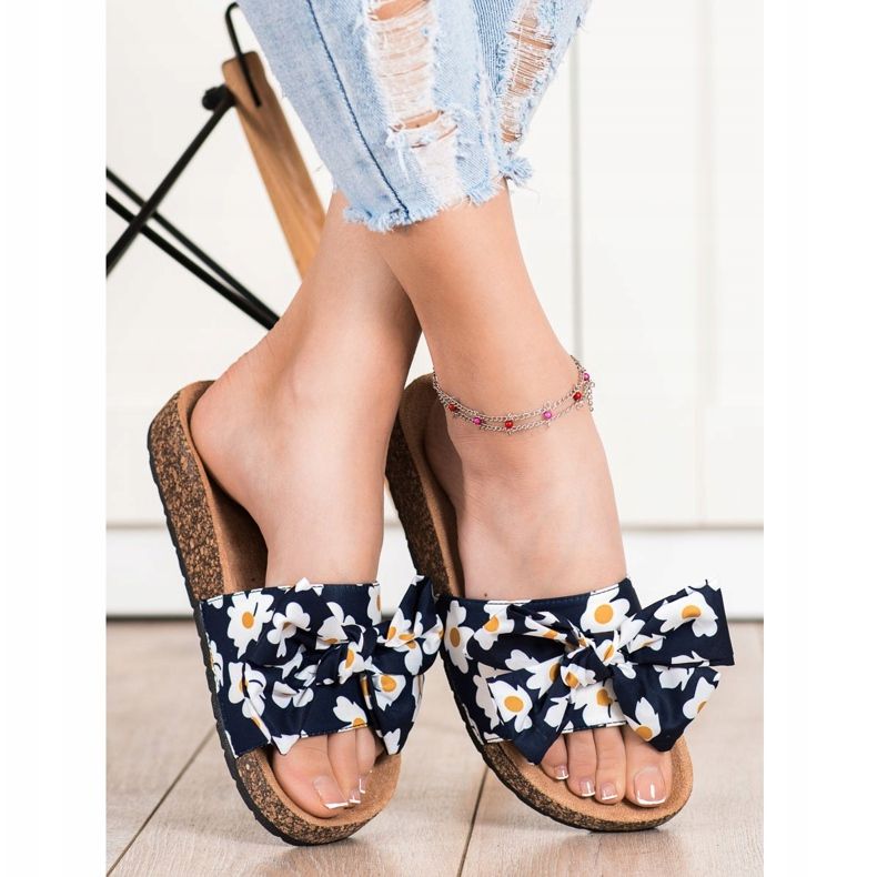 SHELOVET Chinelos elegantes com flores azul marinho 1