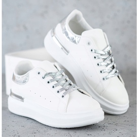 SHELOVET Tênis com laço brilhante branco 2