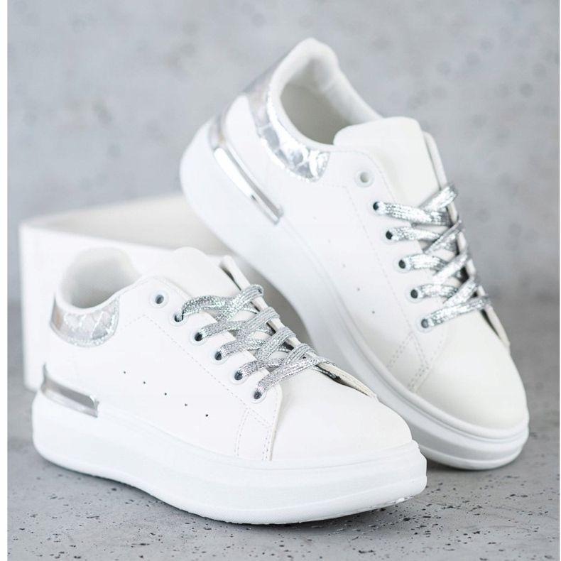 SHELOVET Tênis com laço brilhante branco 2