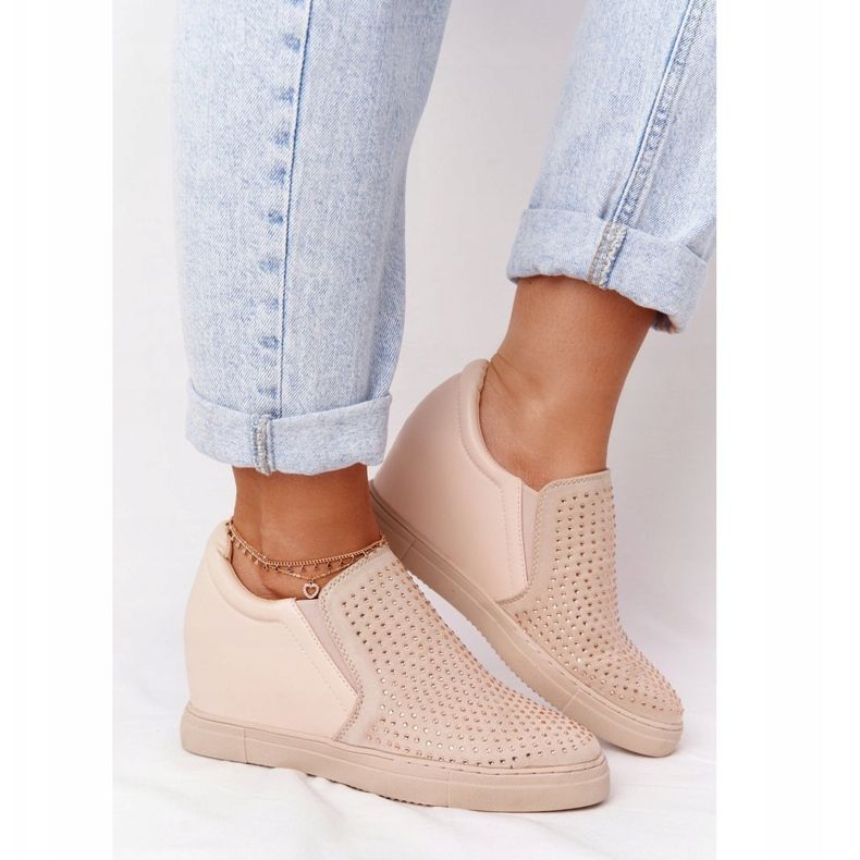 Tênis cunha com lantejoulas Lu Boo Beige castanho 2