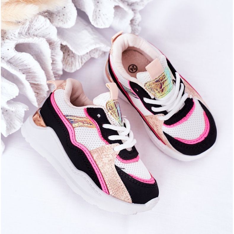 Calçados infantis esportivos tênis rosa néon tempo de jogo branco preto 1