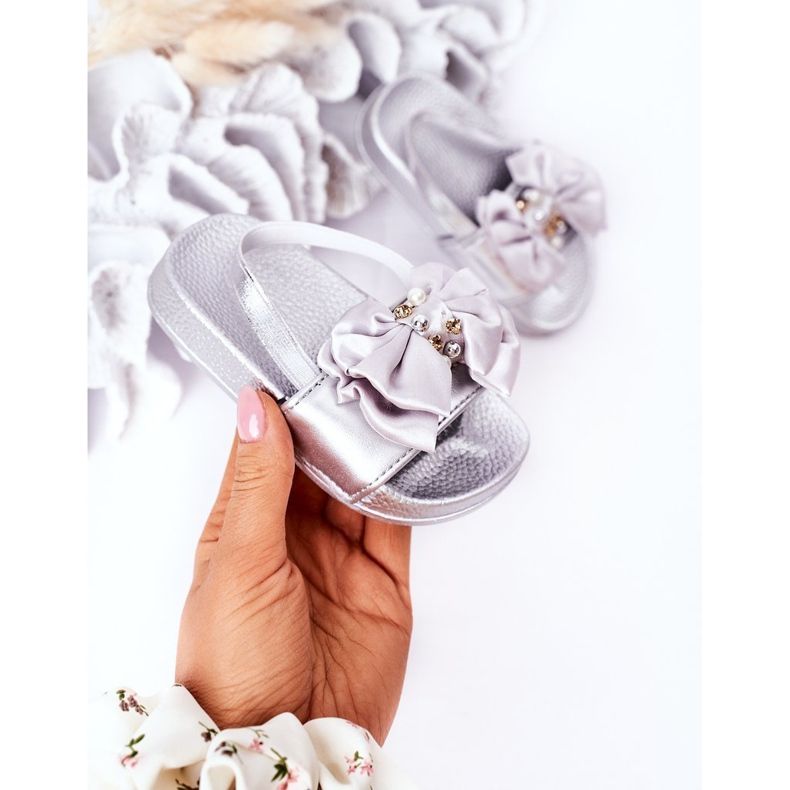 FRROCK Slides infantis para meninas Bow Pearl Silver Senari cinza 2