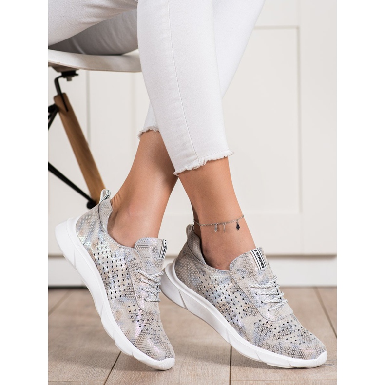 Goodin Tênis de Couro Brilhante bege cinza dourado 2