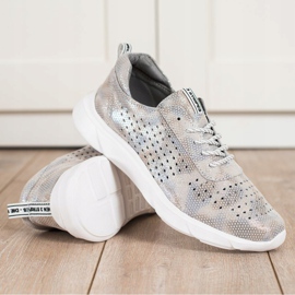 Goodin Tênis de Couro Brilhante bege cinza dourado 1