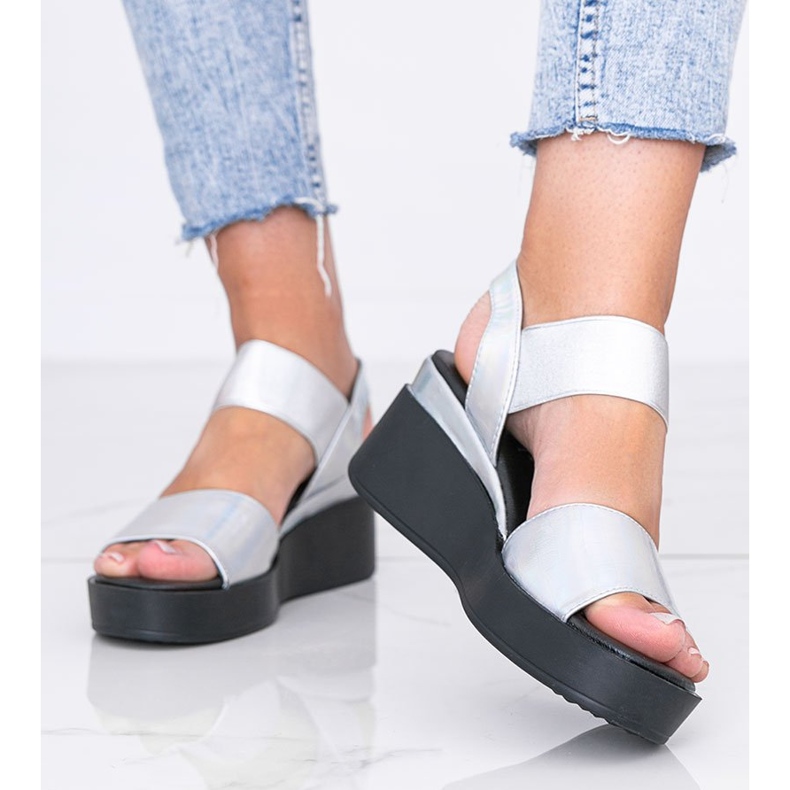 Sandálias Tiffi com cunha holográfica prateada prata 1