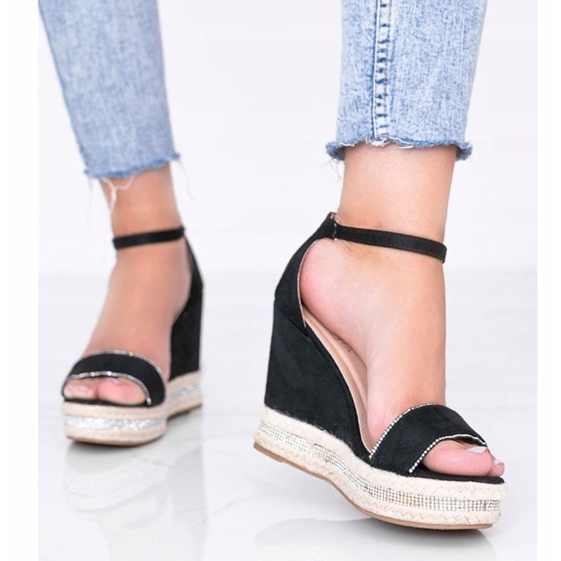 Sandálias pretas de cunha com zircônia cúbica de Sun Sparrow preto 1