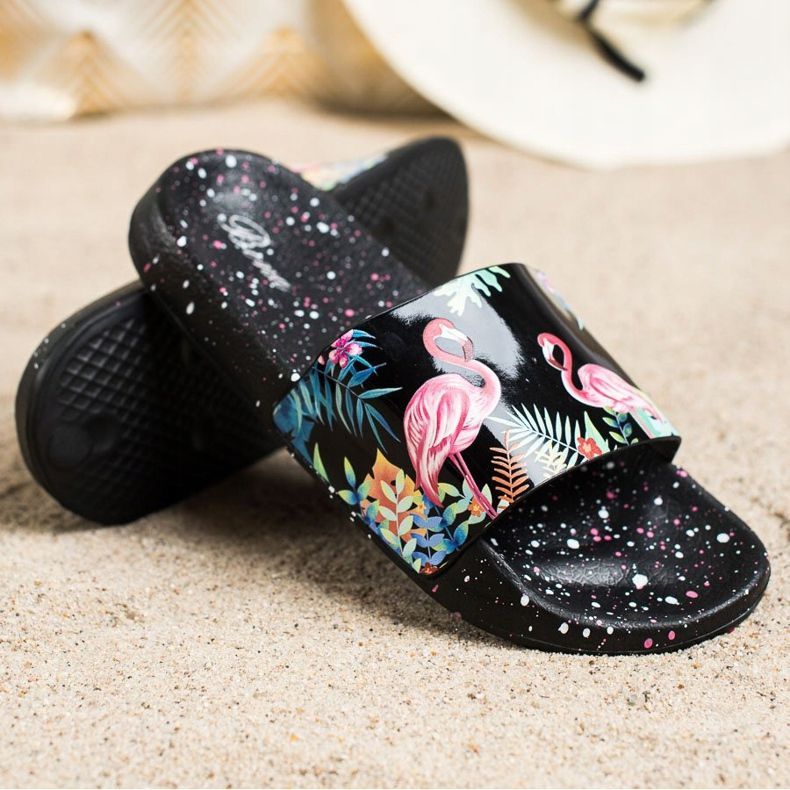 Bona Chinelos elegantes com um flamingo preto multicolorido 1