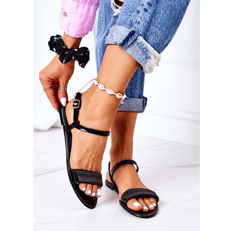 LU BOO Sandálias de borracha com brilho preto para tempo de praia 2