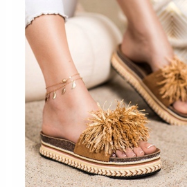SHELOVET Chinelos elegantes com franjas marrom 1