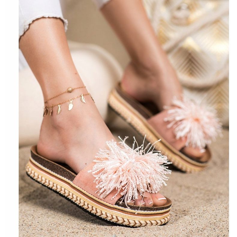 SHELOVET Chinelos elegantes com franjas rosa 1