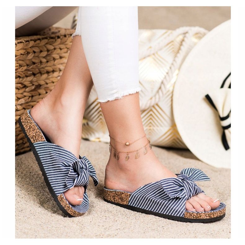 Bona Chinelos com laço listrado branco azul 2