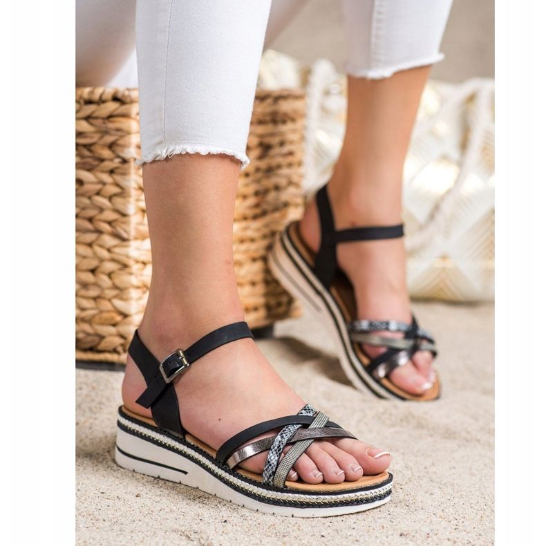 Groto Gogo Sandálias elegantes com cunha baixa preto cinza 1