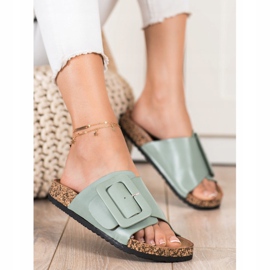 SHELOVET Chinelos de couro ecológico com fivela verde 1