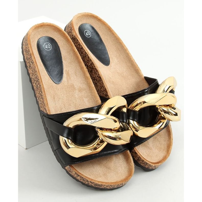 Chinelos pretos com corrente grossa preta CK201 preto 1