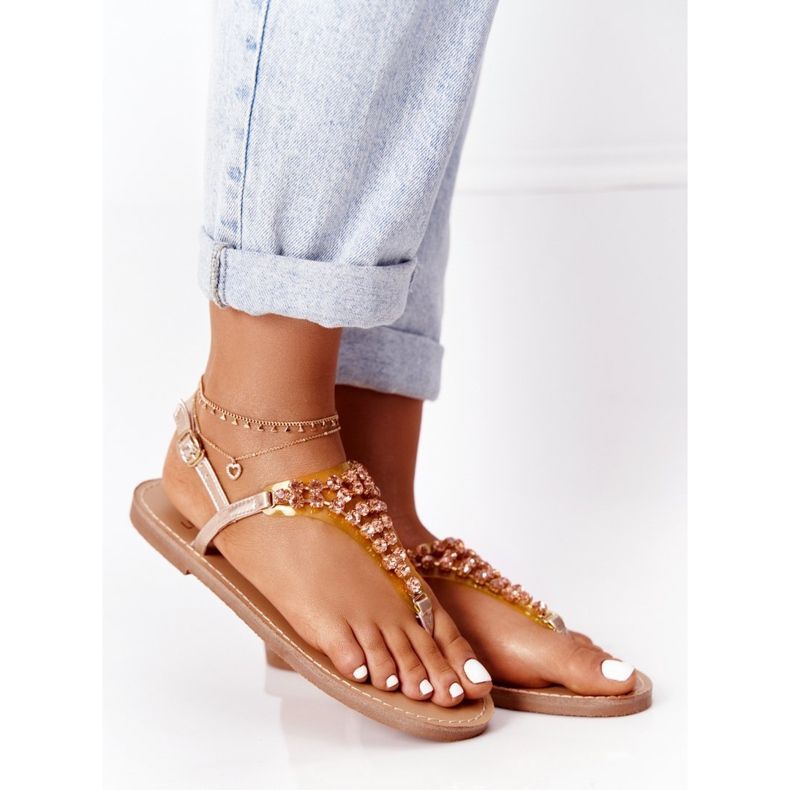 Sandálias Japonesas Com Pedras Lu Boo Rosa Ouro dourado 2