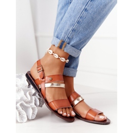 PE1 Sandálias rasteiras femininas, Doris marrom e dourado 2