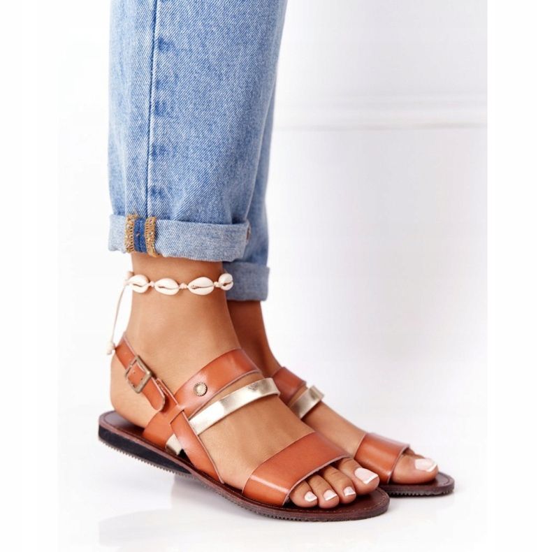 PE1 Sandálias rasteiras femininas, Doris marrom e dourado 1