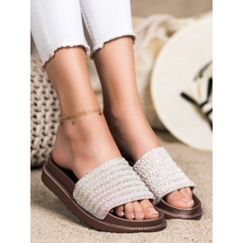 SHELOVET Chinelos na plataforma com zircônia cúbica bege dourado 1