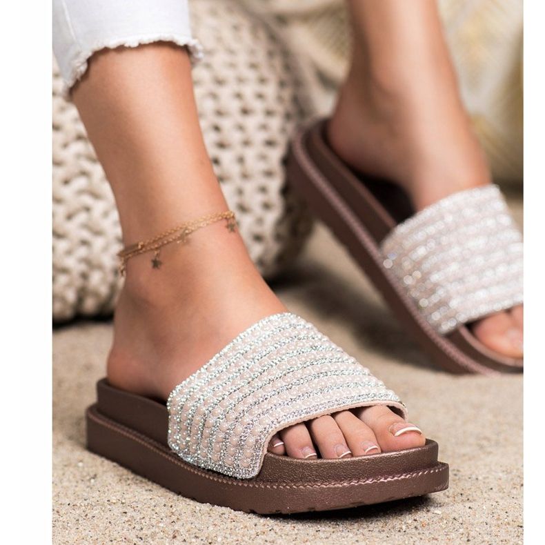 SHELOVET Chinelos na plataforma com zircônia cúbica bege dourado 2