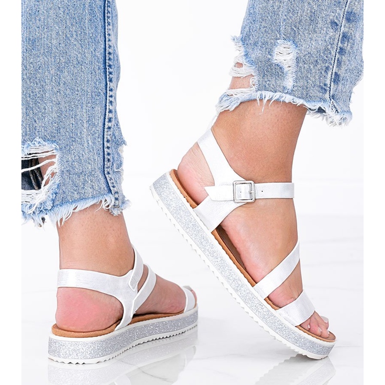 Sandálias femininas prateadas pêssego com brilho branco prata 1