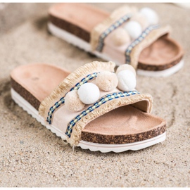 SHELOVET Chinelos elegantes com pompons bege 1