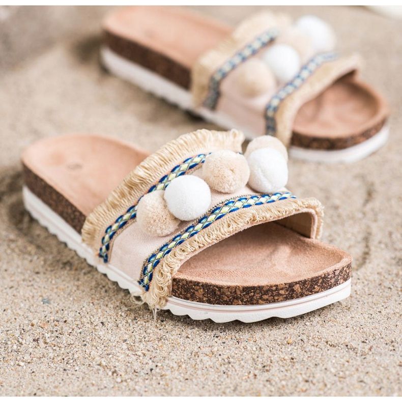 SHELOVET Chinelos elegantes com pompons bege 1