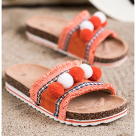 SHELOVET Chinelos da moda com pompons laranja 1