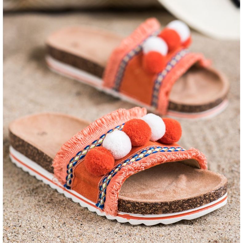SHELOVET Chinelos da moda com pompons laranja 1
