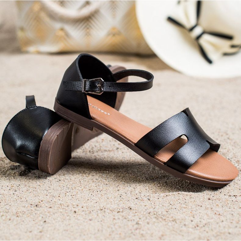 Ideal Shoes Sandálias clássicas feitas de couro ecológico preto 1