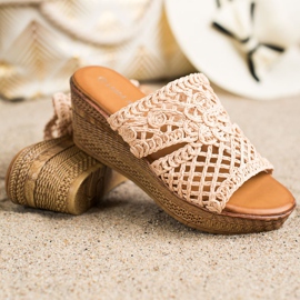 Laura Mode Chinelos Openwork Wedge bege marrom 1