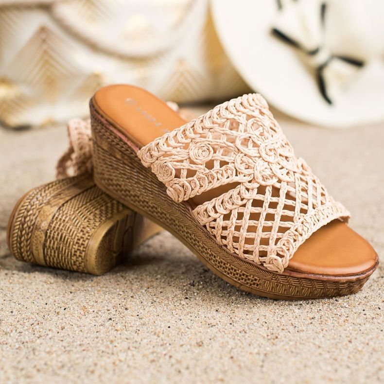Laura Mode Chinelos Openwork Wedge bege marrom 1