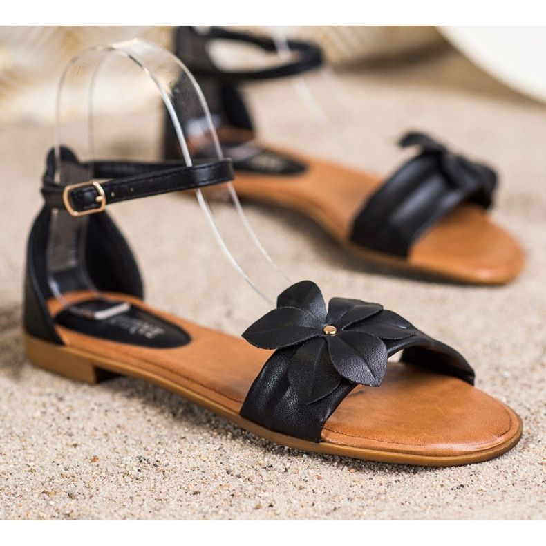 Diamantique Sandálias Pretas Com Flor preto 1