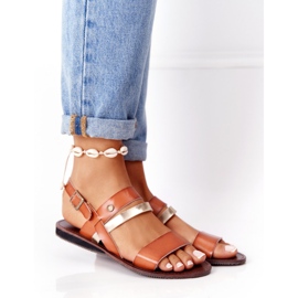 Sandálias rasteiras femininas, Doris marrom e dourado 1