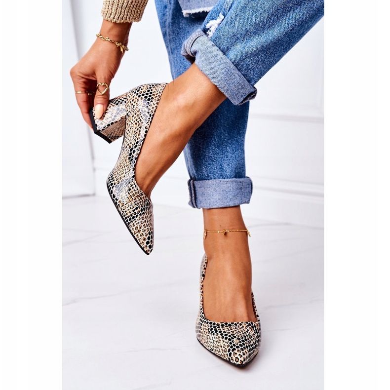 Bombas de couro com sapatos Lewski padrão animal 2801 preto-bege 1