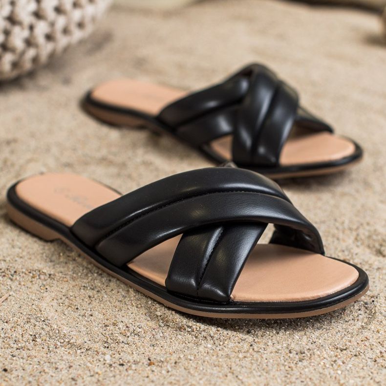 Renda Chinelos elegantes de couro ecológico preto 2